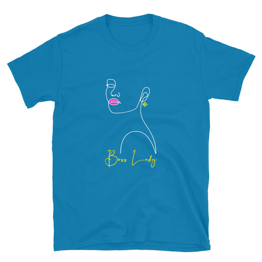 A blue unisex t-shirt with a graphic design of a woman's silhouette and the text 'Boss Lady'.