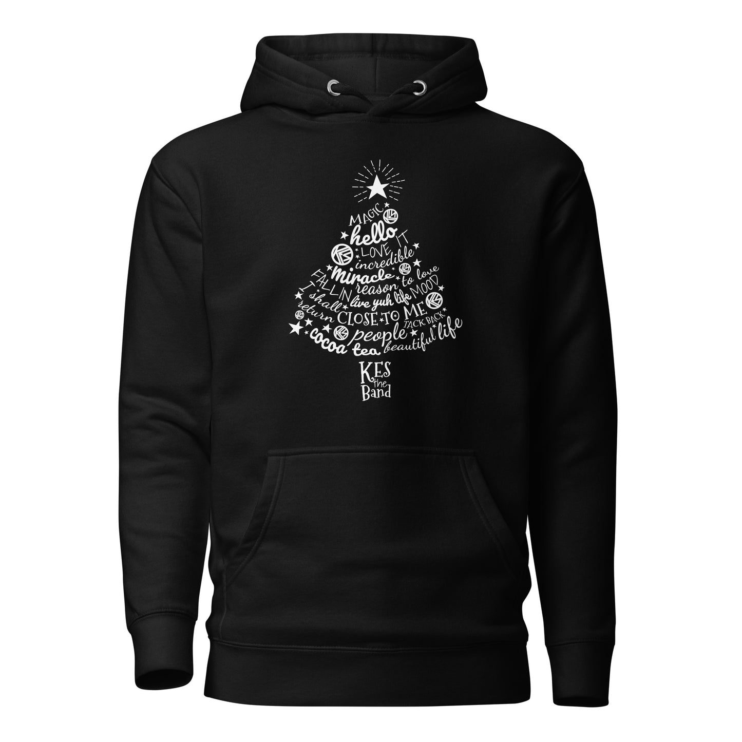 Black hoodie with white text design on a white background