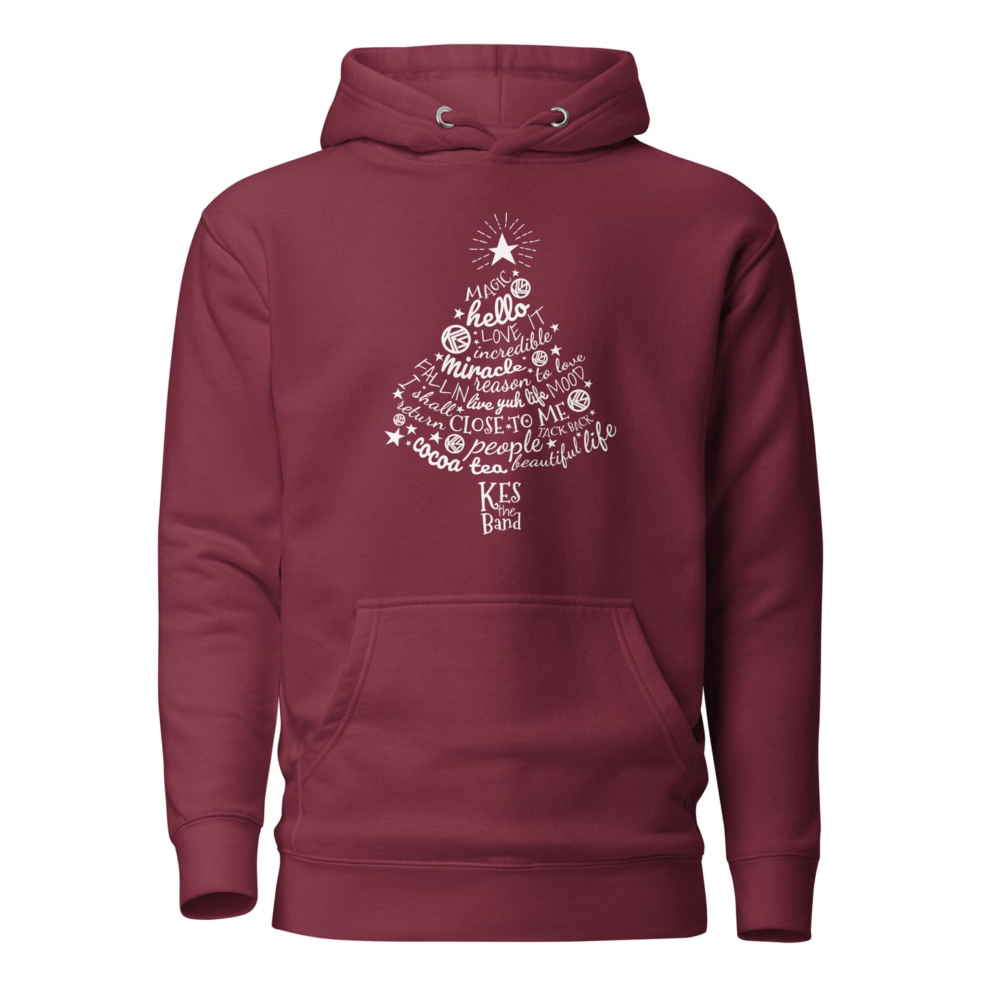 Maroon hoodie with white text design on a white background