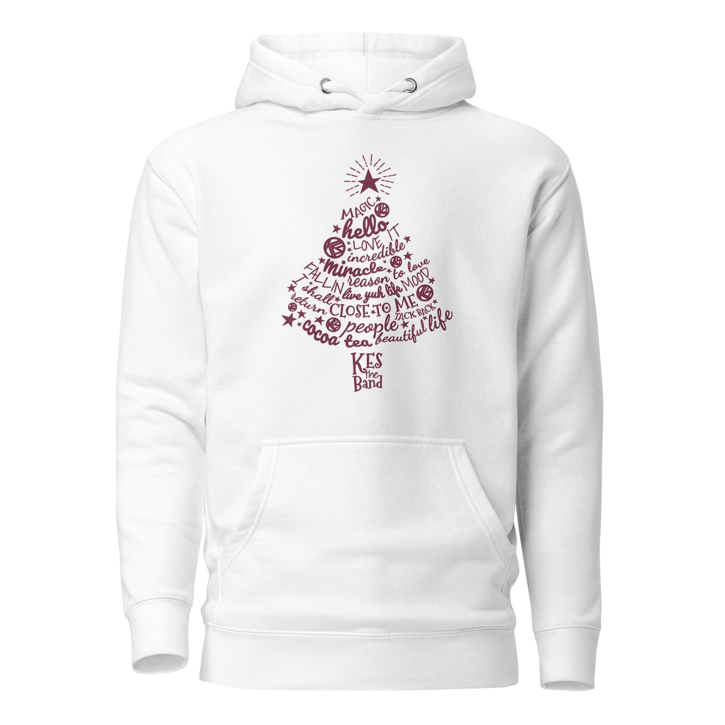 White hoodie with red text design on a white background