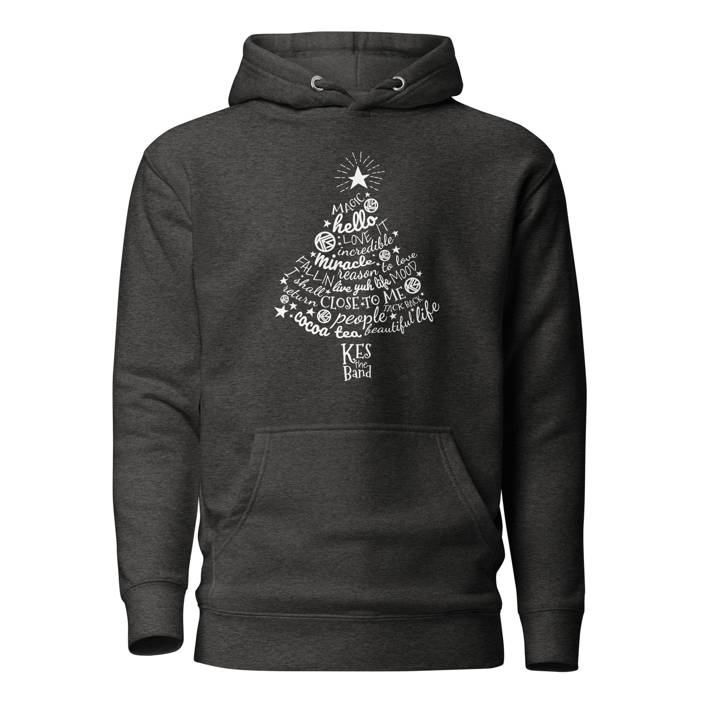 Dark gray hoodie with white text design on a white background