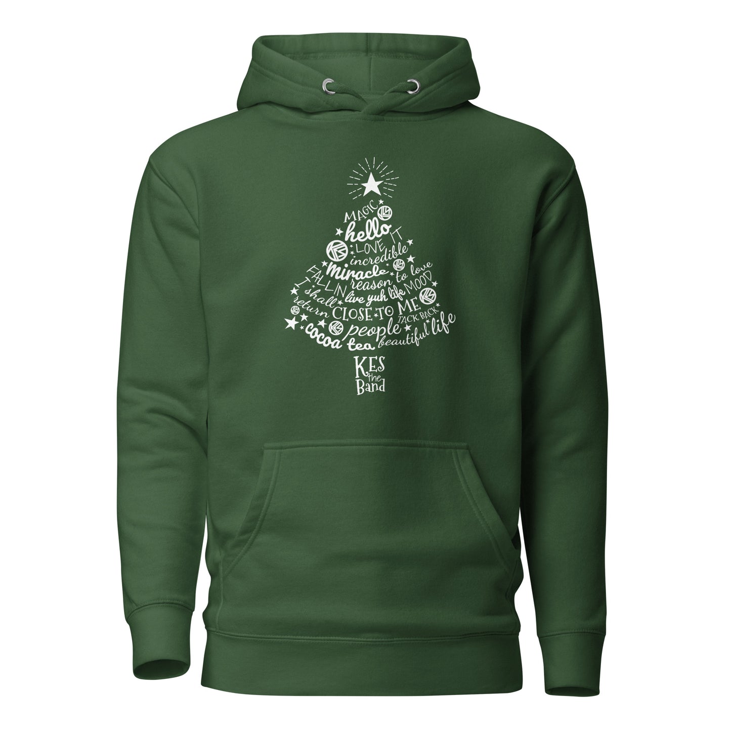 Green hoodie with white text design on a white background