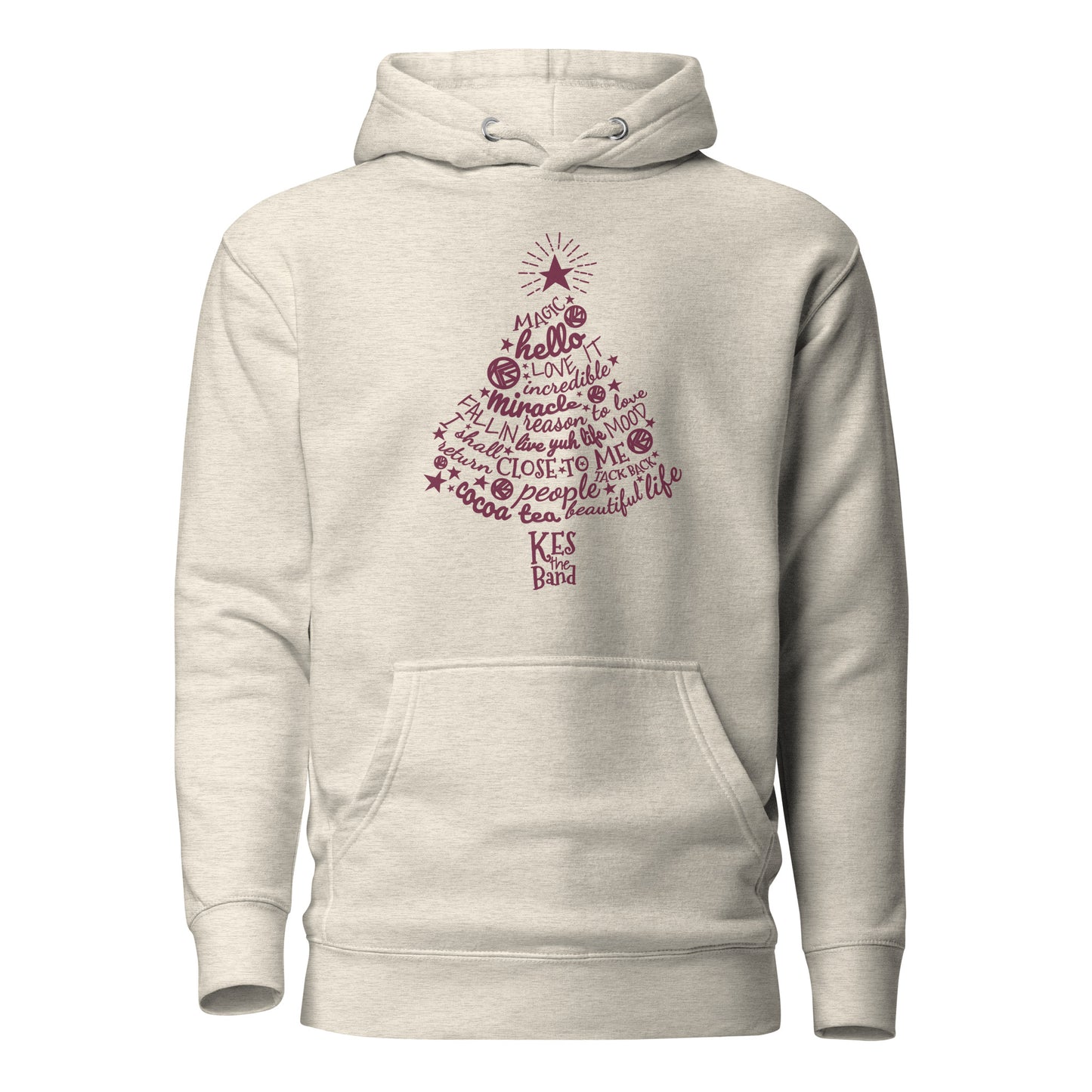 Beige hoodie with text design on a white background