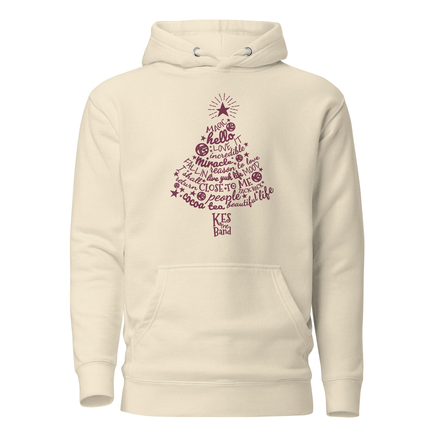Beige hoodie with text design on a white background