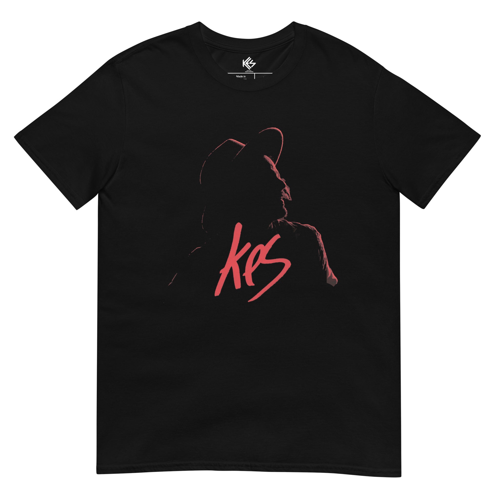 Black t-shirt with a red silhouette of a person and the brand name 'Kes' written in red.