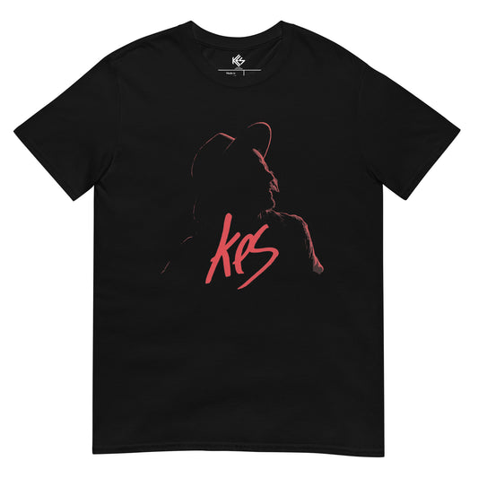 Black t-shirt with a red silhouette of a person and the brand name 'Kes' written in red.