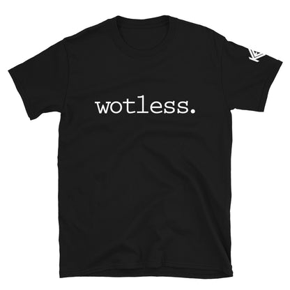 A black crew neck t-shirt with the text 'wotless.' printed across the front.
